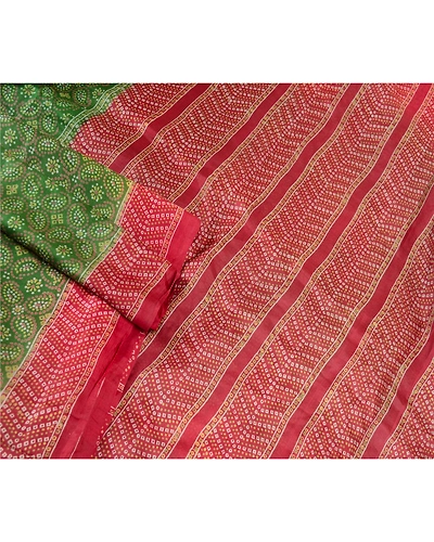 Sanskriti Vintage Green Bandhani Pure Silk Sarees Printed Sari 5Yd Craft Fabric, PR-57460-Green-Printed Floral Design-Pure Silk-1