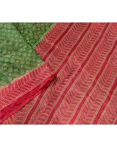 Sanskriti Vintage Green Bandhani Pure Silk Sarees Printed Sari 5Yd Craft Fabric, PR-57460-Green-Printed Floral Design-Pure Silk-2