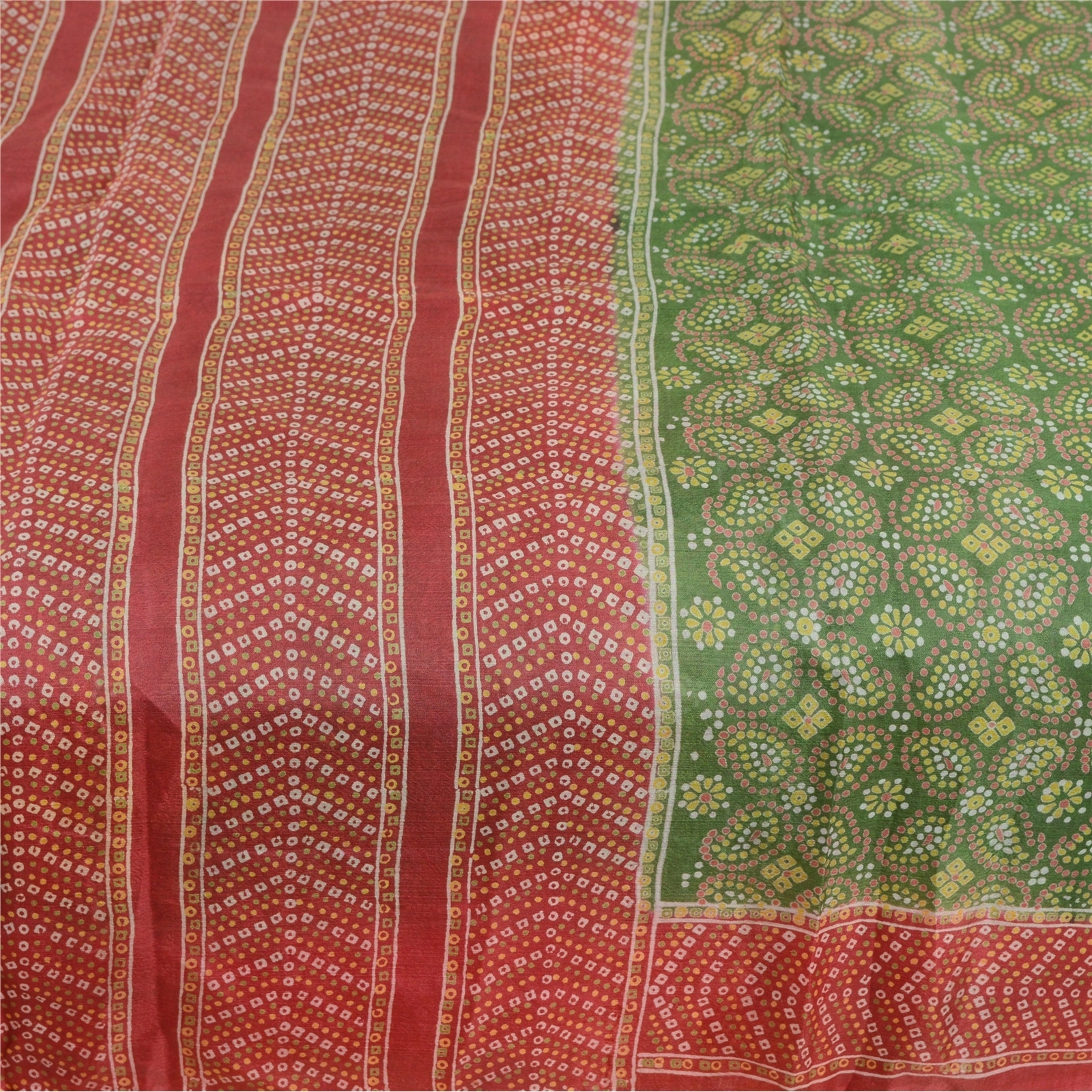 Sanskriti Vintage Green Bandhani Pure Silk Sarees Printed Sari 5Yd Craft Fabric, PR-57460-Green-Printed Floral Design-Pure Silk-3