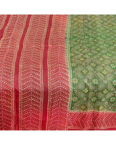 Sanskriti Vintage Green Bandhani Pure Silk Sarees Printed Sari 5Yd Craft Fabric, PR-57460-Green-Printed Floral Design-Pure Silk-3
