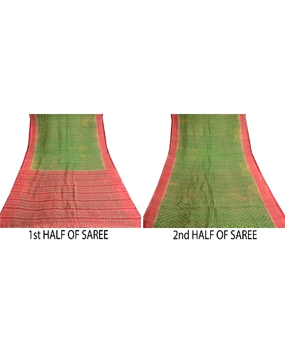 Sanskriti Vintage Green Bandhani Pure Silk Sarees Printed Sari 5Yd Craft Fabric, PR-57460-Green-Printed Floral Design-Pure Silk-4