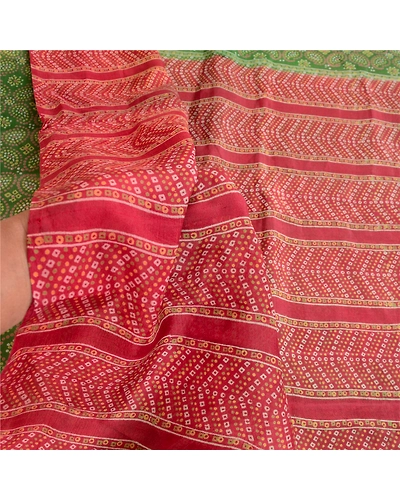 Sanskriti Vintage Green Bandhani Pure Silk Sarees Printed Sari 5Yd Craft Fabric, PR-57460-Green-Printed Floral Design-Pure Silk-5