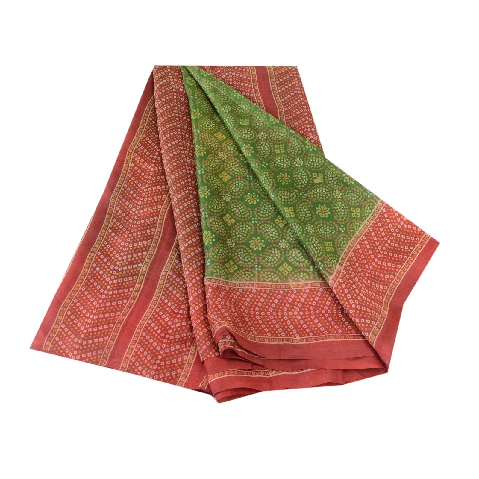 Sanskriti Vintage Green Bandhani Pure Silk Sarees Printed Sari 5Yd Craft Fabric, PR-57460-Green-Printed Floral Design-Pure Silk-6