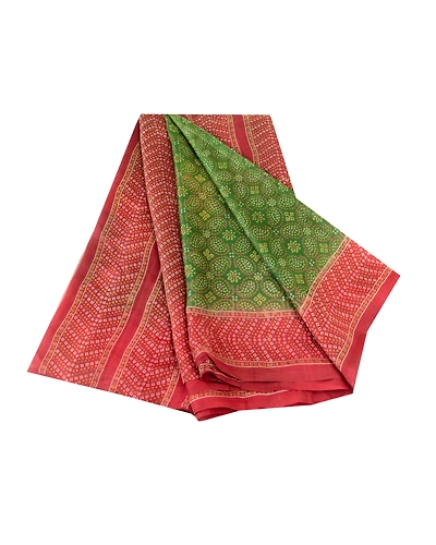 Sanskriti Vintage Green Bandhani Pure Silk Sarees Printed Sari 5Yd Craft Fabric, PR-57460-Green-Printed Floral Design-Pure Silk-6