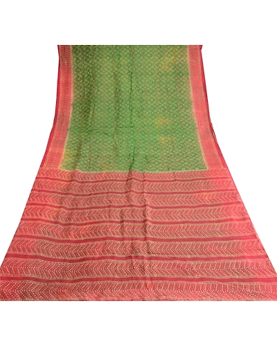 Sanskriti Vintage Green Bandhani Pure Silk Sarees Printed Sari 5Yd Craft Fabric, PR-57460-Green-Printed Floral Design-Pure Silk-7