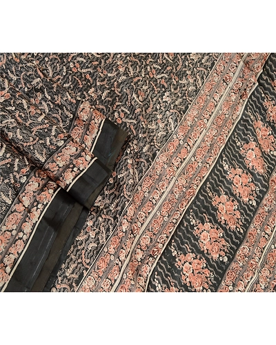 Sanskriti Vintage Black Indian Blend Silk Sarees Printed Sari 5Yd Craft Fabric, PR-57461-Black-Printed Floral Design-Blend Silk-1