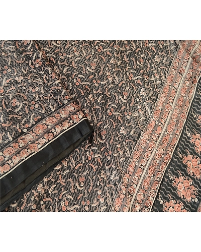 Sanskriti Vintage Black Indian Blend Silk Sarees Printed Sari 5Yd Craft Fabric, PR-57461-Black-Printed Floral Design-Blend Silk-2