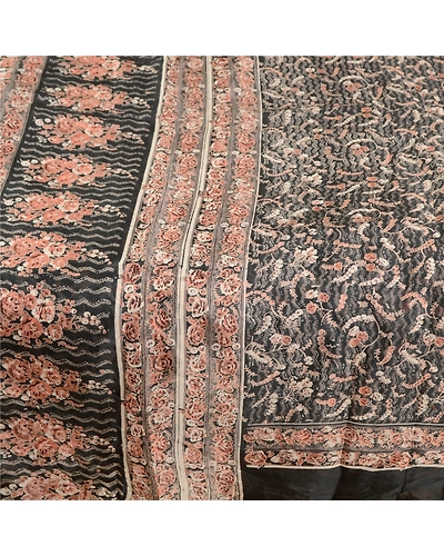 Sanskriti Vintage Black Indian Blend Silk Sarees Printed Sari 5Yd Craft Fabric, PR-57461-Black-Printed Floral Design-Blend Silk-3