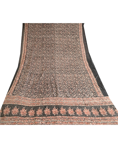 Sanskriti Vintage Black Indian Blend Silk Sarees Printed Sari 5Yd Craft Fabric, PR-57461-Black-Printed Floral Design-Blend Silk-7