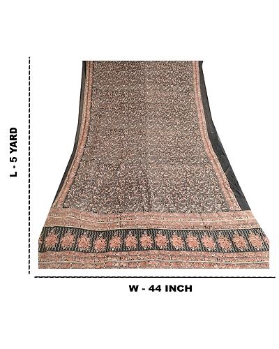 Sanskriti Vintage Black Indian Blend Silk Sarees Printed Sari 5Yd Craft Fabric, PR-57461-Black-Printed Floral Design-Blend Silk-8