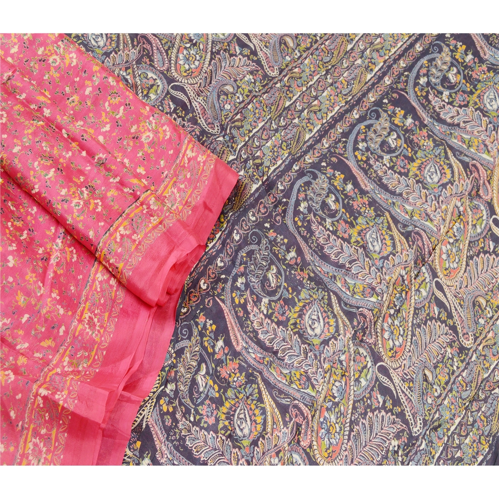 Sanskriti Vintage Hot Pink Indian Blend Silk Sarees Printed Sari Craft Fabric, PR-57465-Hot Pink-Printed Floral Design-Blend Silk-1