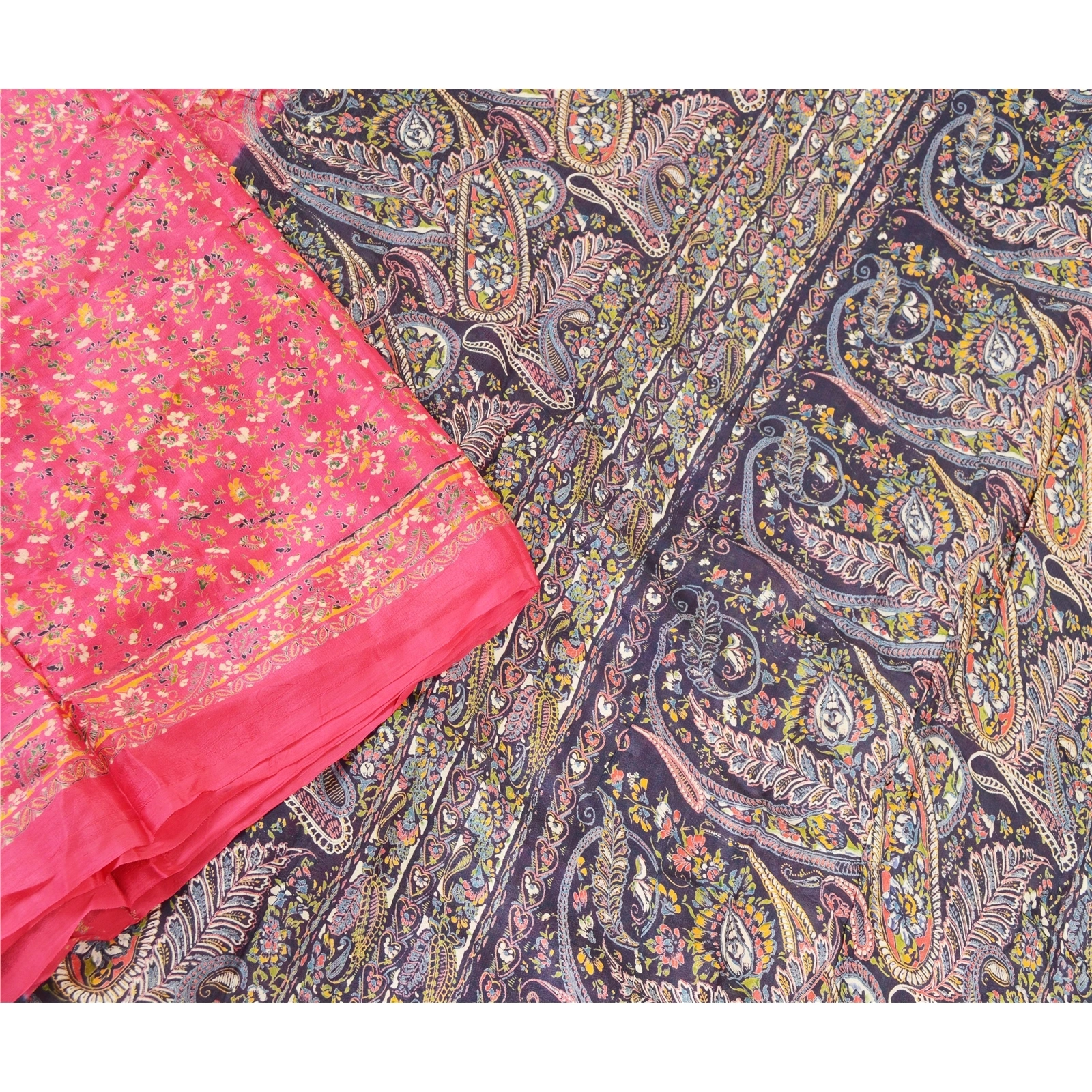 Sanskriti Vintage Hot Pink Indian Blend Silk Sarees Printed Sari Craft Fabric, PR-57465-Hot Pink-Printed Floral Design-Blend Silk-2