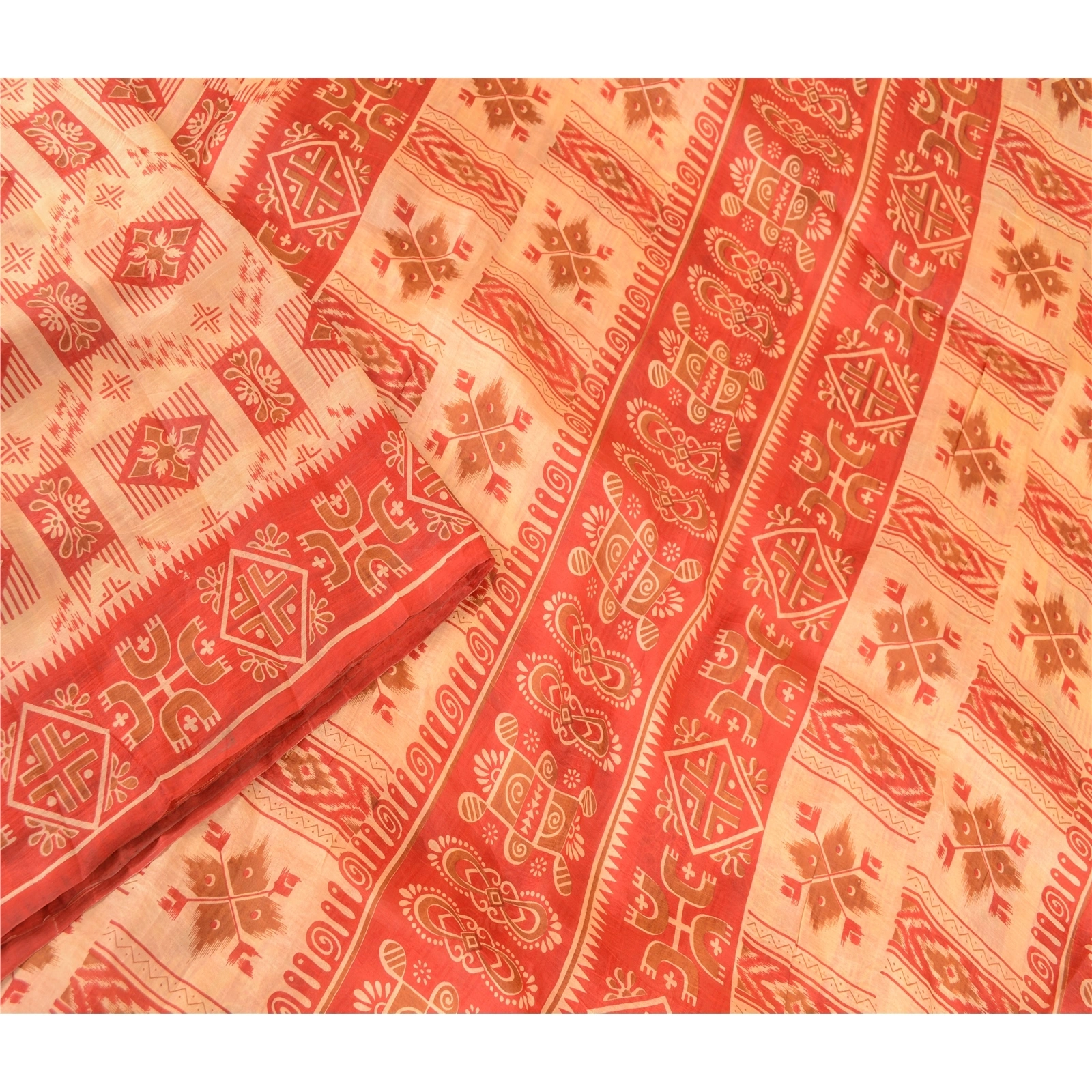 Sanskriti Vintage Red Indian Pure Silk Sarees Printed Sari Floral Craft Fabric, PR-57480-Red-Printed Floral Design-Pure Silk-2