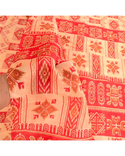 Sanskriti Vintage Red Indian Pure Silk Sarees Printed Sari Floral Craft Fabric, PR-57480-Red-Printed Floral Design-Pure Silk-5
