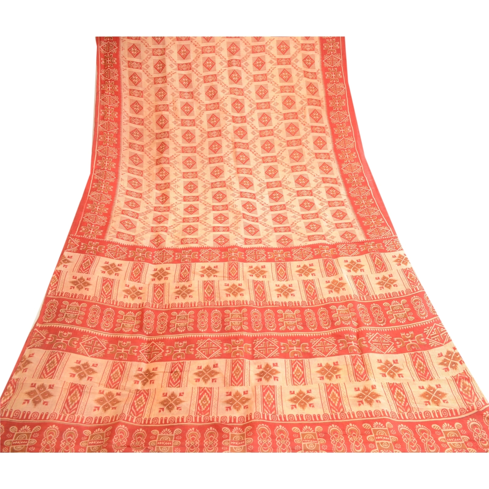 Sanskriti Vintage Red Indian Pure Silk Sarees Printed Sari Floral Craft Fabric, PR-57480-Red-Printed Floral Design-Pure Silk-7