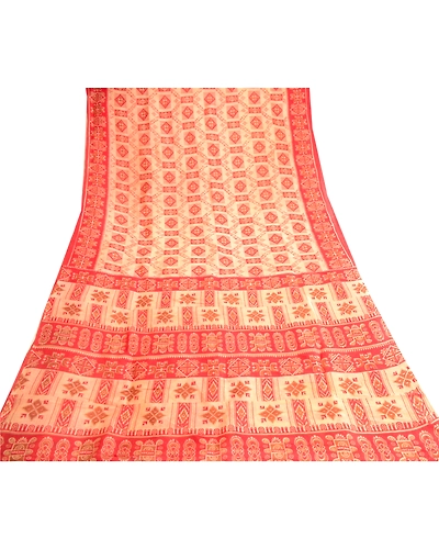 Sanskriti Vintage Red Indian Pure Silk Sarees Printed Sari Floral Craft Fabric, PR-57480-Red-Printed Floral Design-Pure Silk-7