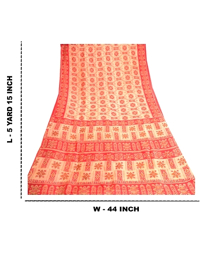 Sanskriti Vintage Red Indian Pure Silk Sarees Printed Sari Floral Craft Fabric, PR-57480-Red-Printed Floral Design-Pure Silk-8