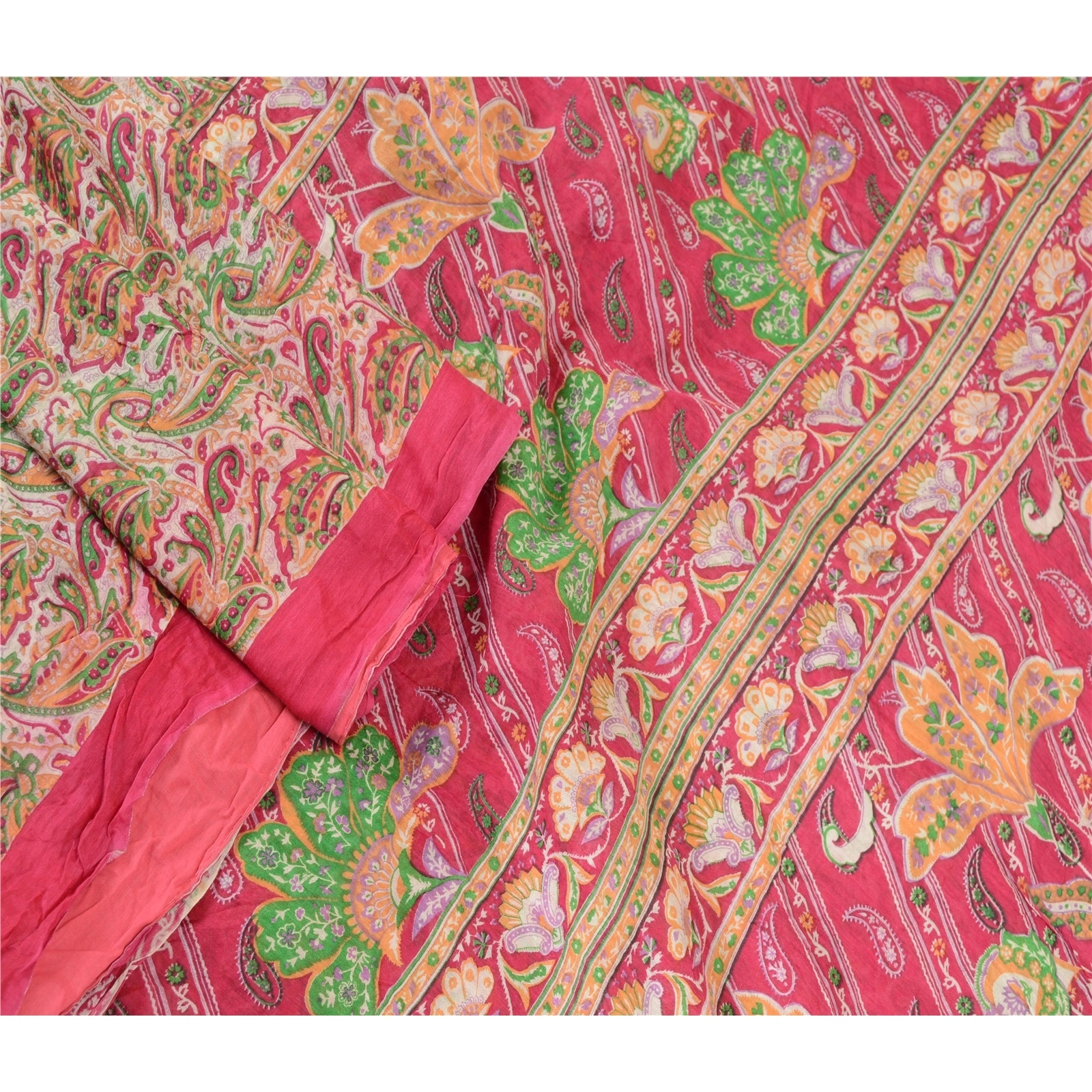 Sanskriti Vintage Pink Indian Blend Silk Sarees Printed Sari 5Yd Craft Fabric, PR-57501-Pink-Printed Floral Design-Blend Silk-1