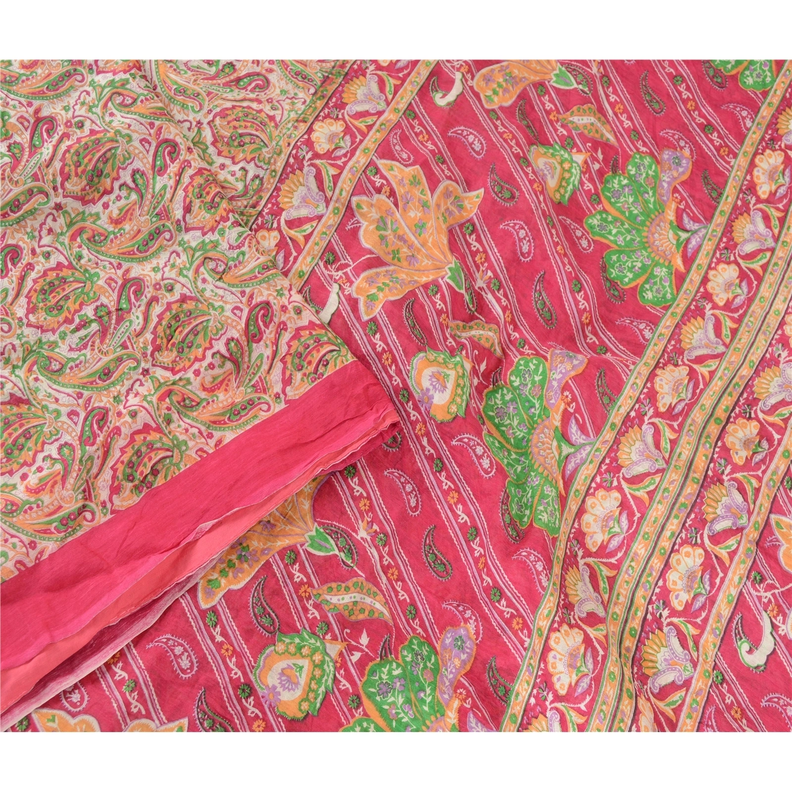 Sanskriti Vintage Pink Indian Blend Silk Sarees Printed Sari 5Yd Craft Fabric, PR-57501-Pink-Printed Floral Design-Blend Silk-2