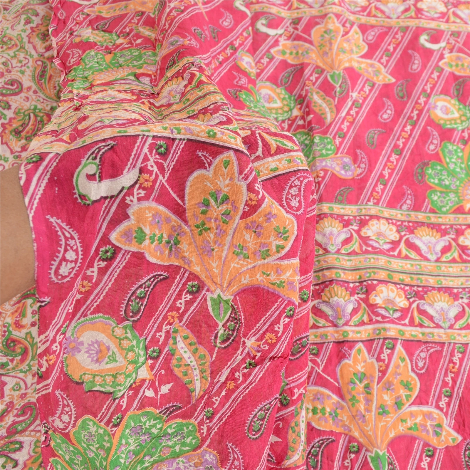 Sanskriti Vintage Pink Indian Blend Silk Sarees Printed Sari 5Yd Craft Fabric, PR-57501-Pink-Printed Floral Design-Blend Silk-5