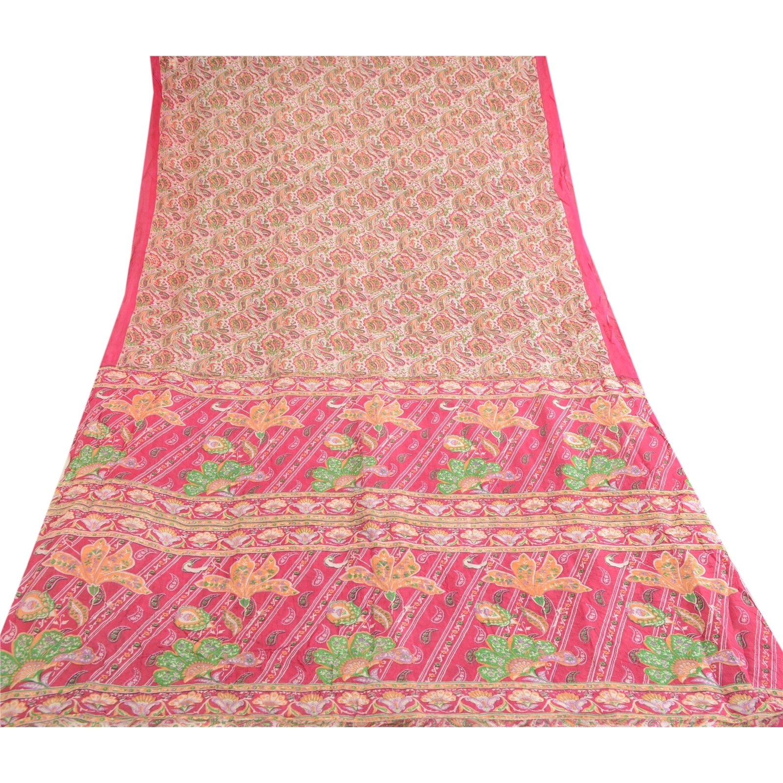 Sanskriti Vintage Pink Indian Blend Silk Sarees Printed Sari 5Yd Craft Fabric, PR-57501-Pink-Printed Floral Design-Blend Silk-7