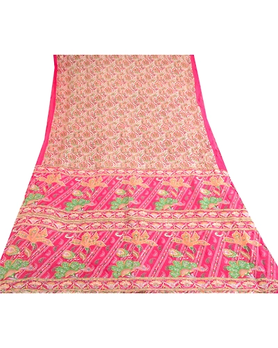 Sanskriti Vintage Pink Indian Blend Silk Sarees Printed Sari 5Yd Craft Fabric, PR-57501-Pink-Printed Floral Design-Blend Silk-7