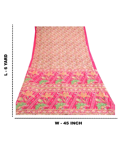 Sanskriti Vintage Pink Indian Blend Silk Sarees Printed Sari 5Yd Craft Fabric, PR-57501-Pink-Printed Floral Design-Blend Silk-8