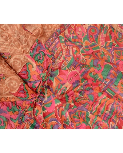 Sanskriti Vintage Brown Indian Pure Silk Sarees Printed Sari Floral Craft Fabric, PR-57502-Brown-Printed Floral Design-Pure Silk-1