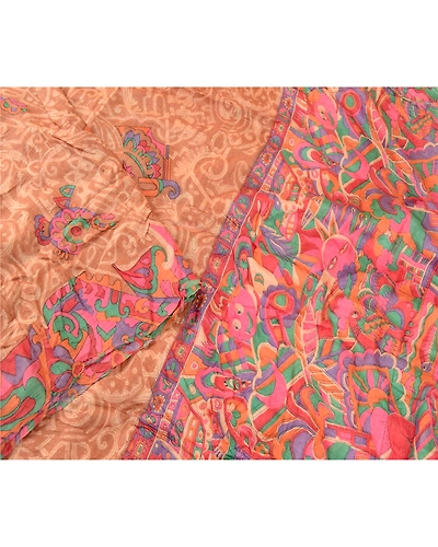 Sanskriti Vintage Brown Indian Pure Silk Sarees Printed Sari Floral Craft Fabric, PR-57502-Brown-Printed Floral Design-Pure Silk-2