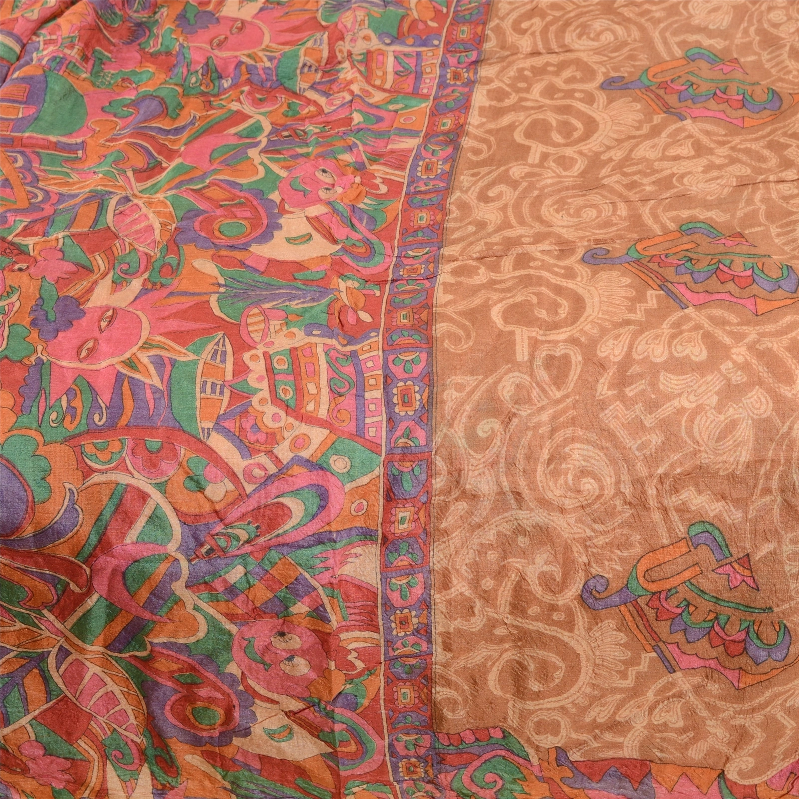 Sanskriti Vintage Brown Indian Pure Silk Sarees Printed Sari Floral Craft Fabric, PR-57502-Brown-Printed Floral Design-Pure Silk-3