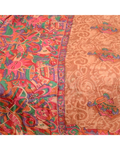 Sanskriti Vintage Brown Indian Pure Silk Sarees Printed Sari Floral Craft Fabric, PR-57502-Brown-Printed Floral Design-Pure Silk-3