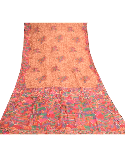 Sanskriti Vintage Brown Indian Pure Silk Sarees Printed Sari Floral Craft Fabric, PR-57502-Brown-Printed Floral Design-Pure Silk-7