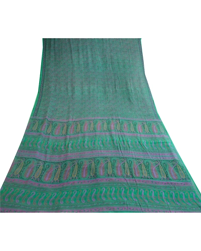 Sanskriti Vintage Green Pure Silk Sarees Printed Sari Floral Soft Craft Fabric, PR-57518-Green-Printed Floral Design-Pure Silk-7