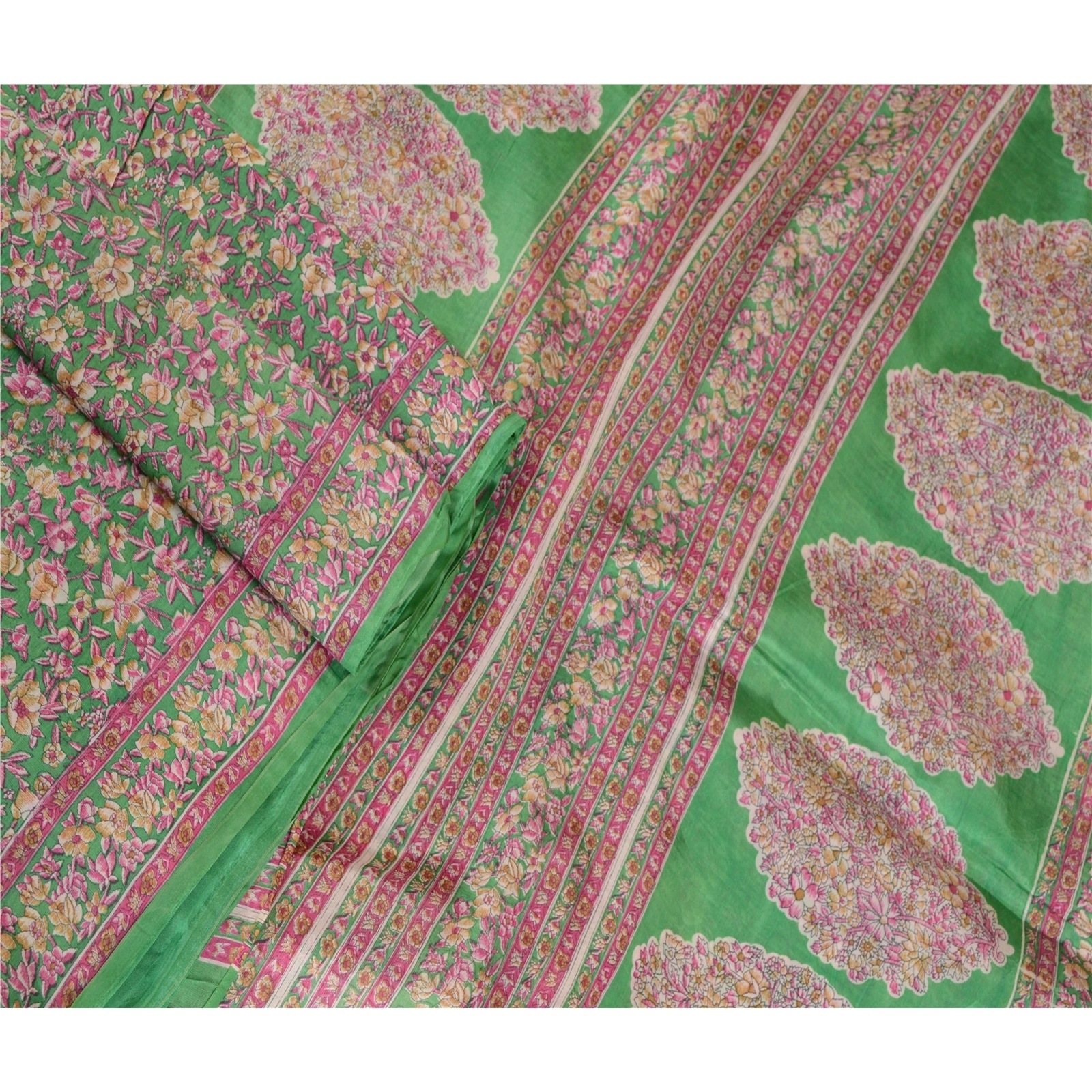 Sanskriti Vintage Indian Green Blend Silk Sarees Printed Sari 5Yd Craft Fabric, PR-57525-Green-Printed Floral Design-Blend Silk-1