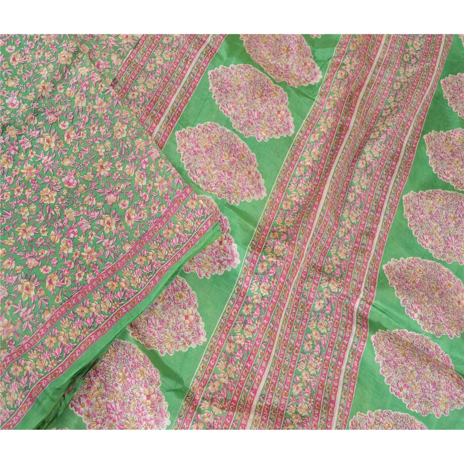 Sanskriti Vintage Indian Green Blend Silk Sarees Printed Sari 5Yd Craft Fabric, PR-57525-Green-Printed Floral Design-Blend Silk-2