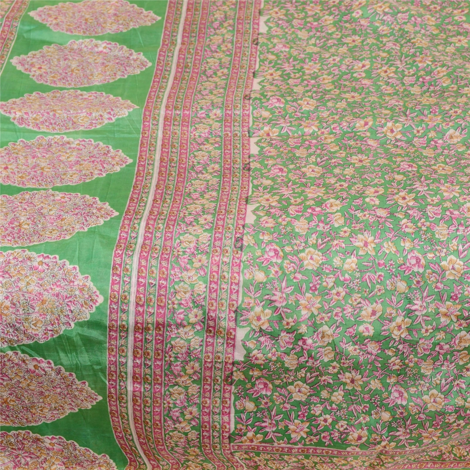 Sanskriti Vintage Indian Green Blend Silk Sarees Printed Sari 5Yd Craft Fabric, PR-57525-Green-Printed Floral Design-Blend Silk-3