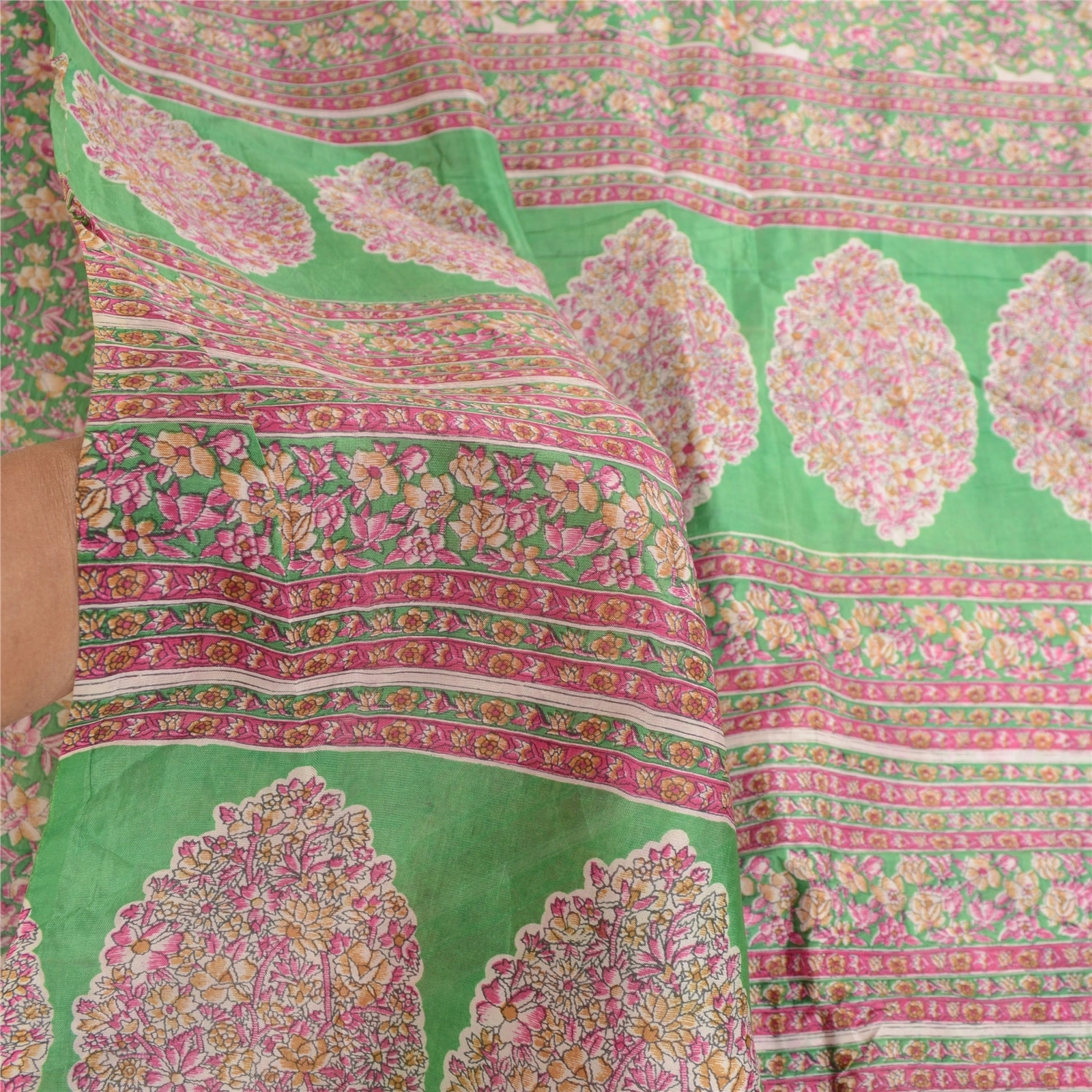 Sanskriti Vintage Indian Green Blend Silk Sarees Printed Sari 5Yd Craft Fabric, PR-57525-Green-Printed Floral Design-Blend Silk-5