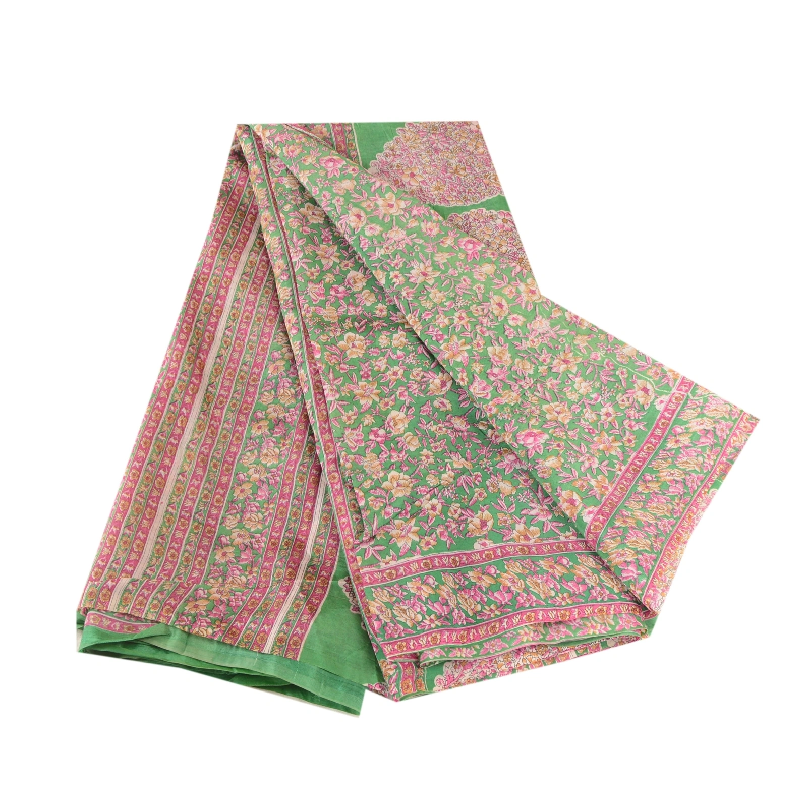 Sanskriti Vintage Indian Green Blend Silk Sarees Printed Sari 5Yd Craft Fabric, PR-57525-Green-Printed Floral Design-Blend Silk-6