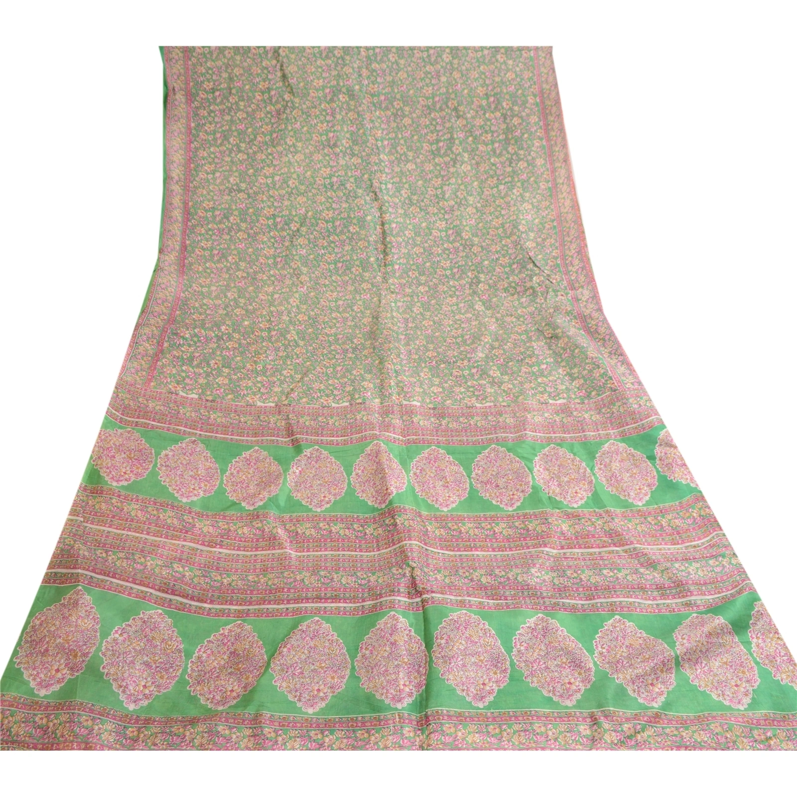 Sanskriti Vintage Indian Green Blend Silk Sarees Printed Sari 5Yd Craft Fabric, PR-57525-Green-Printed Floral Design-Blend Silk-7