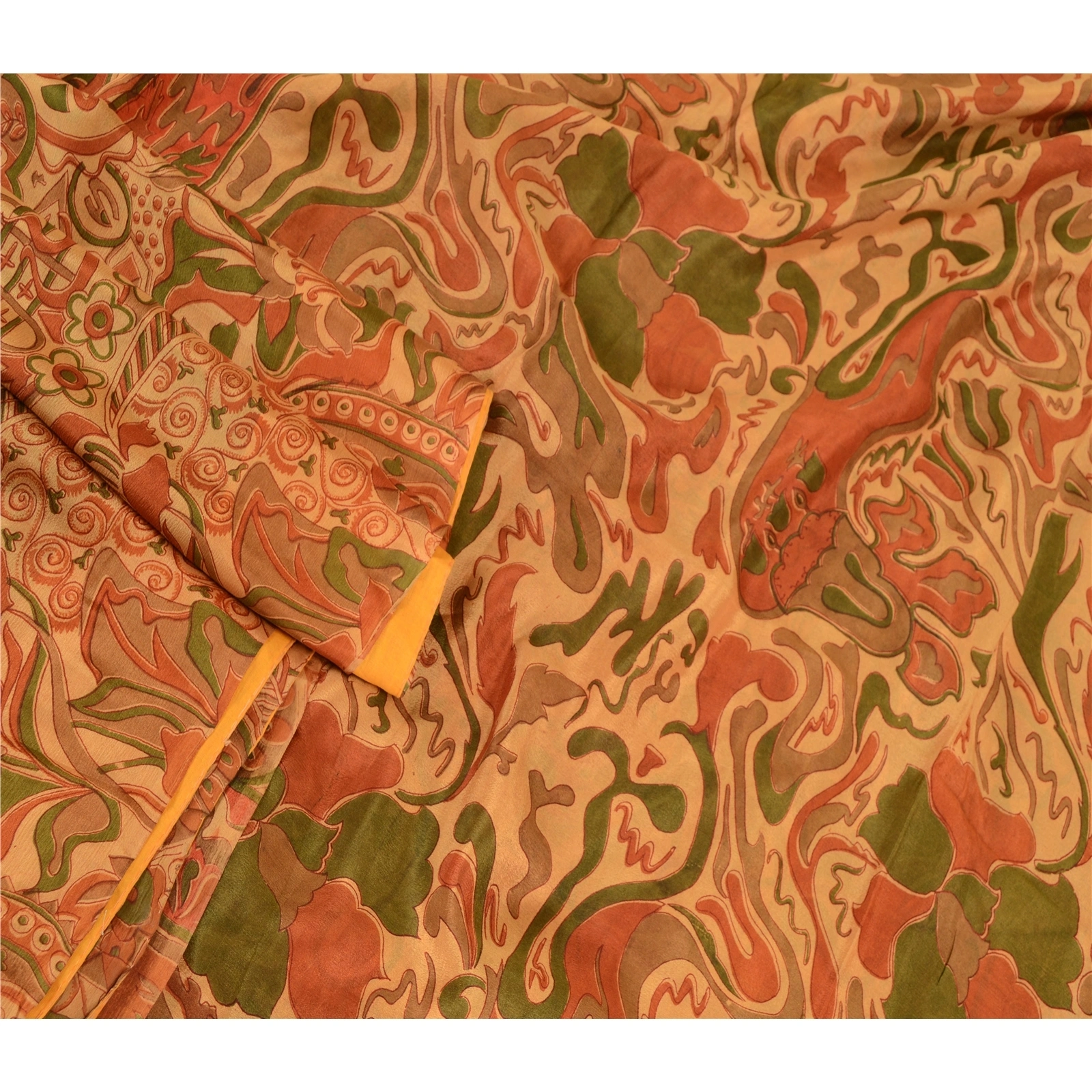 Sanskriti Vintage Saffron Indian Pure Silk Sarees Printed Sari 5Yd Craft Fabric, PR-57530-Saffron-Printed Floral Design-Pure Silk-1