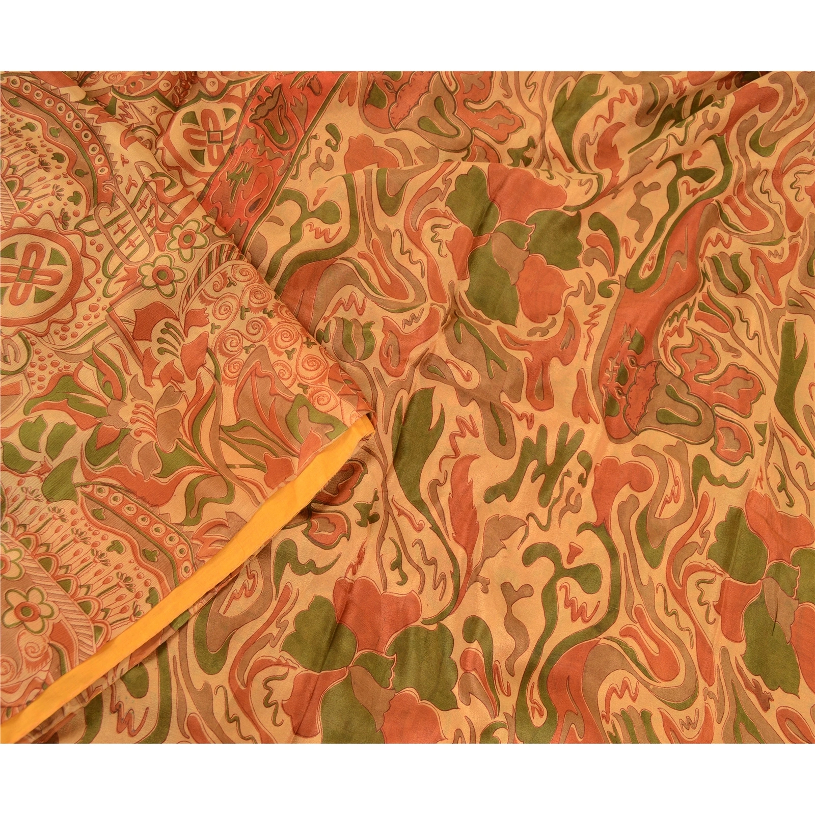 Sanskriti Vintage Saffron Indian Pure Silk Sarees Printed Sari 5Yd Craft Fabric, PR-57530-Saffron-Printed Floral Design-Pure Silk-2