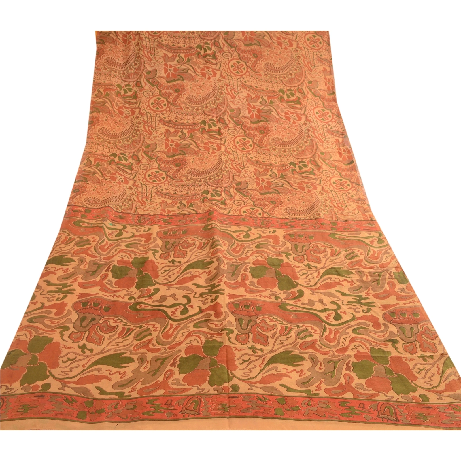 Sanskriti Vintage Saffron Indian Pure Silk Sarees Printed Sari 5Yd Craft Fabric, PR-57530-Saffron-Printed Floral Design-Pure Silk-7