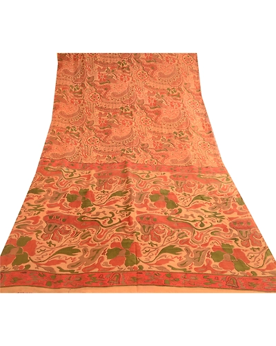 Sanskriti Vintage Saffron Indian Pure Silk Sarees Printed Sari 5Yd Craft Fabric, PR-57530-Saffron-Printed Floral Design-Pure Silk-7