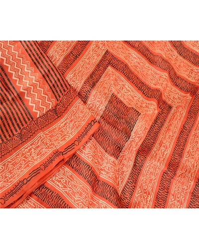 Sanskriti Vintage Orange Indian Pure Silk Sarees Printed Sari 5Yd Craft Fabric, PR-57539-Orange-Printed Floral Design-Pure Silk-2