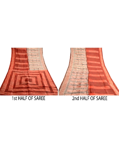 Sanskriti Vintage Orange Indian Pure Silk Sarees Printed Sari 5Yd Craft Fabric, PR-57539-Orange-Printed Floral Design-Pure Silk-4