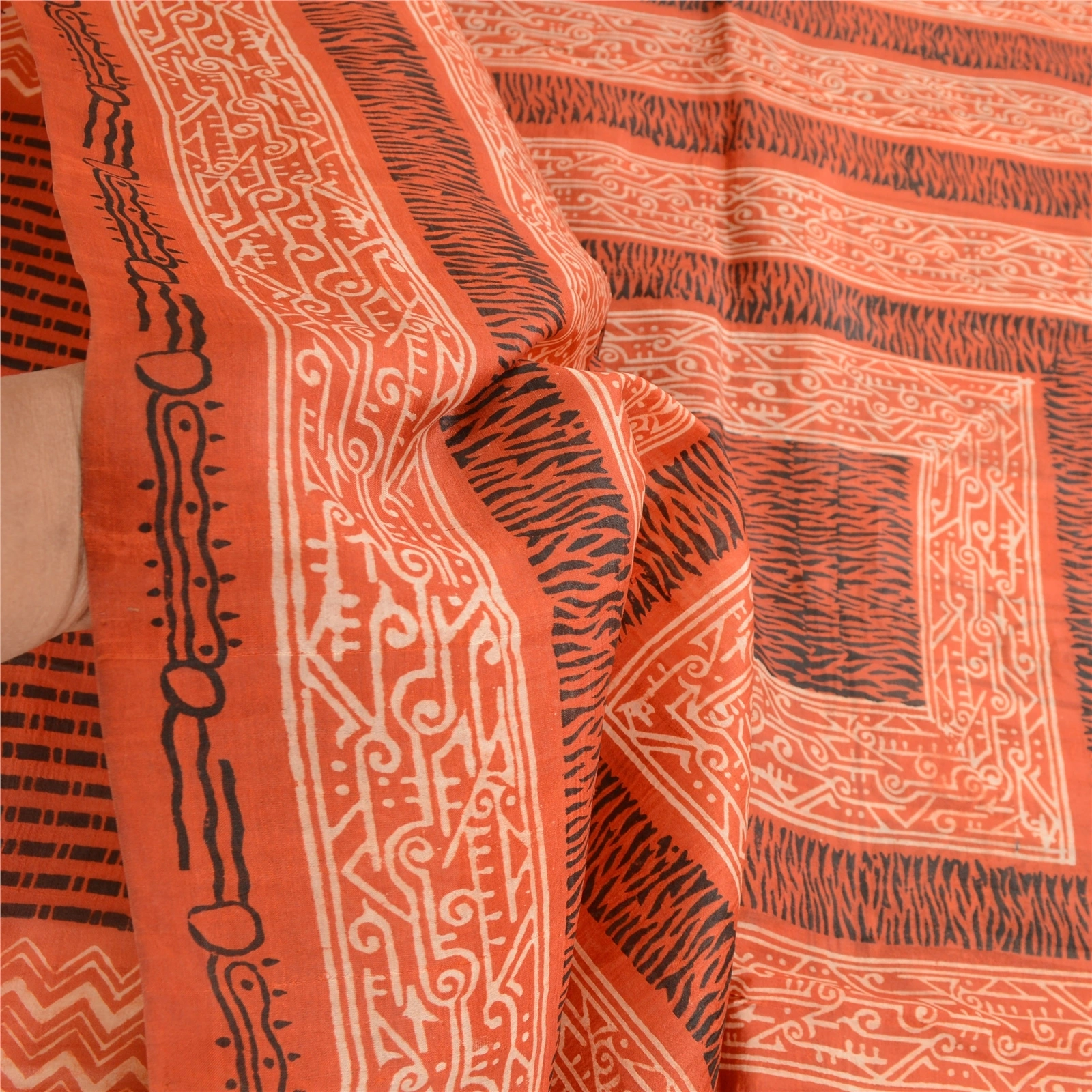 Sanskriti Vintage Orange Indian Pure Silk Sarees Printed Sari 5Yd Craft Fabric, PR-57539-Orange-Printed Floral Design-Pure Silk-5