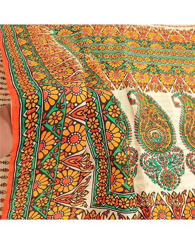 Sanskriti Vintage Multi Pure Silk Sarees Printed Sari Floral 5Yd Craft Fabric, PR-57543-Multi-Printed Floral Design-Pure Silk-5