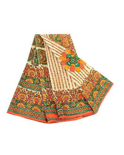 Sanskriti Vintage Multi Pure Silk Sarees Printed Sari Floral 5Yd Craft Fabric, PR-57543-Multi-Printed Floral Design-Pure Silk-7