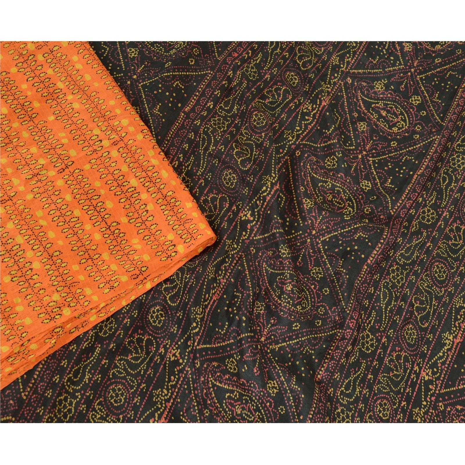 Sanskriti Vintage Orange Pure Silk Sarees Printed Sari Floral 5Yd Craft Fabric, PR-57597-Orange-Printed Floral Design-Pure Silk-2