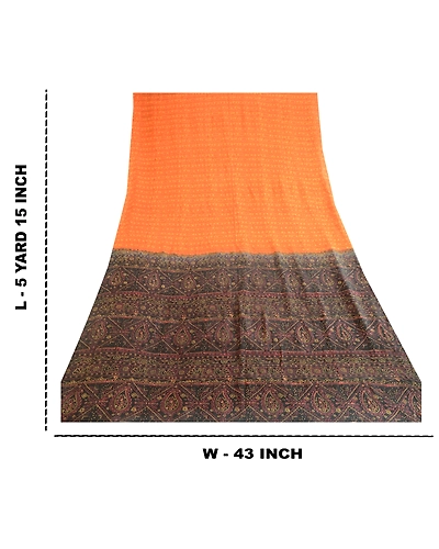 Sanskriti Vintage Orange Pure Silk Sarees Printed Sari Floral 5Yd Craft Fabric, PR-57597-Orange-Printed Floral Design-Pure Silk-8
